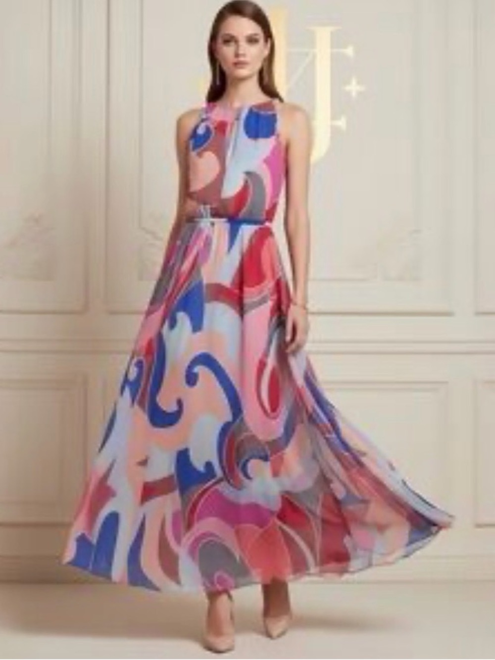 Emilio Pucci Multicolor Halter-Style Abstract Print 100% Silk Maxi Dress sz10